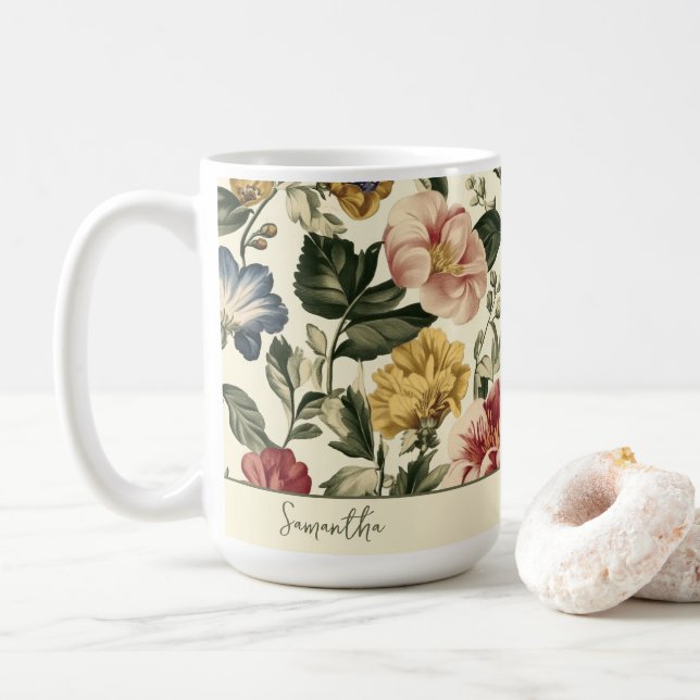 Vintage-Blumen-Monogramm-Name Kaffeetasse (Mit Donut)