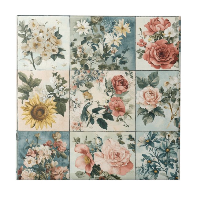 Vintage Blumen-Patchwork-Design Fliese (Vorderseite)