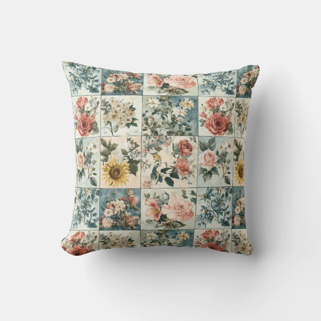 Vintage Blumen-Patchwork-Design Kissen (Vorderseite)