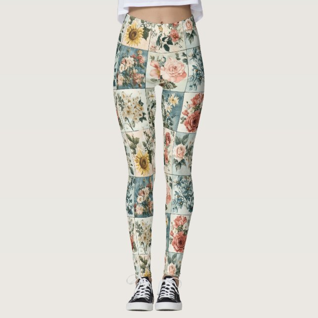 Vintage Blumen-Patchwork-Design Leggings (Vorderseite)
