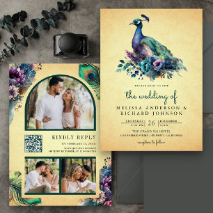Vintage-Blumen-Pfau-Foto-QR-Code-Hochzeit Einladung