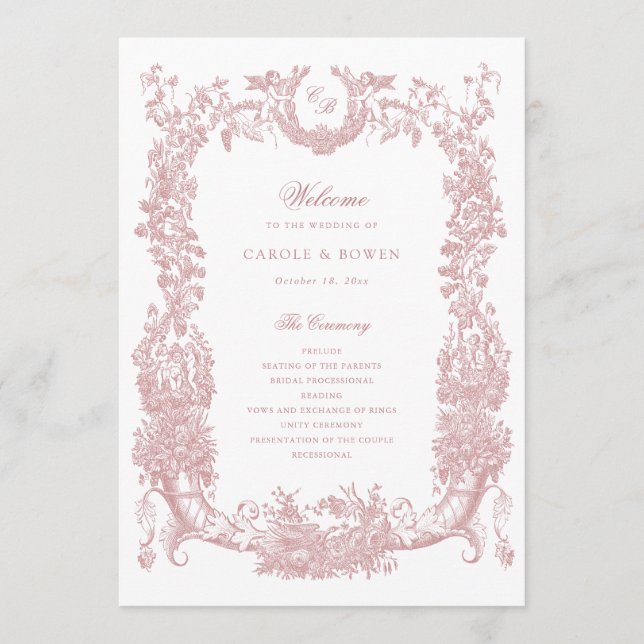 Vintage Blumen-Rahmen-Reben Toile Blush Hochzeit Programm (Vorderseite)