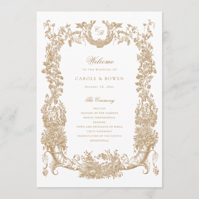 Vintage Blumen Rahmen Wein Toile Gold Hochzeit Programm (Vorderseite)