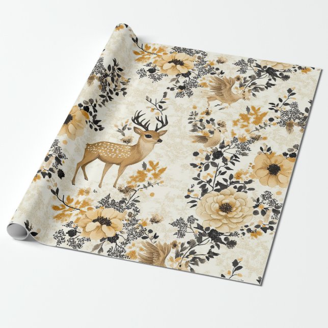 Vintage-Blumen-Rehkitz-Muster Geschenkpapier (Ungerollt)