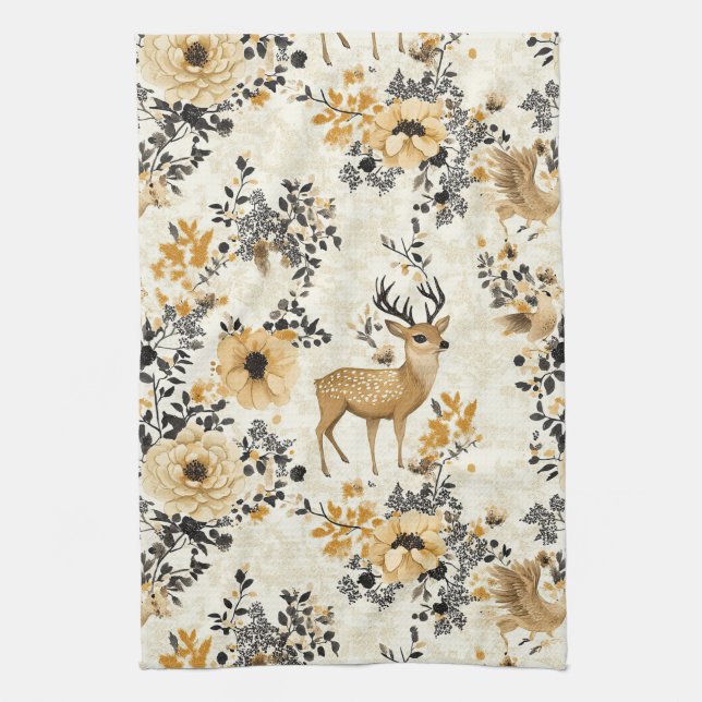 Vintage-Blumen-Rehkitz-Muster Geschirrtuch (Vertikal)