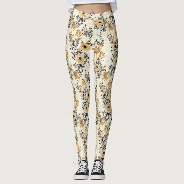 Vintage-Blumen-Rehkitz-Muster Leggings (Vorderseite)