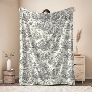 Vintage Blumen retro schwarze Toile de Jouy Fleure Fleecedecke