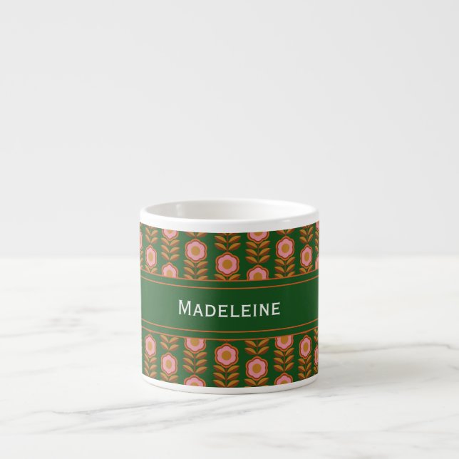Vintage Blumen, rosa auf grün mit Monogramm Espressotasse (Vorderseite)