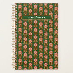 Vintage Blumen, rosa auf grünem Retro mit Monogram Planer