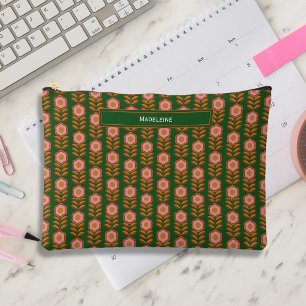 Vintage Blumen, rosa auf grünem Retro mit Monogram Zubehörtasche
