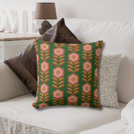 Vintage Blumen, rosa auf grünem Retromuster Kissen