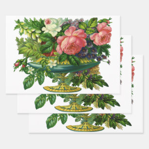 Vintage Blumen - Rosa Rosen, Blumenstrauß in Vasen Geschenkpapier Set