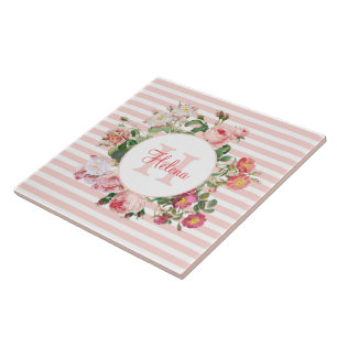 Vintage Blumen Rosa Streifen Monogramm Fliese
