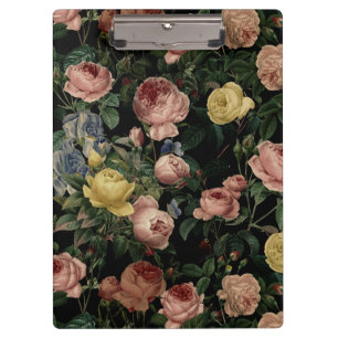 Vintage Blumen-Rosen und Iris-Muster-Dunkle Träum Klemmbrett