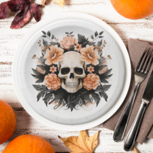 Vintage-Blumen-Schädel-Halloween Pappteller