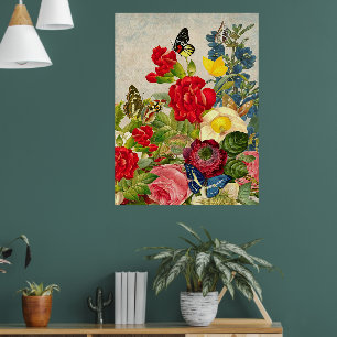 Vintage-Blumen & Schmetterlinge Wertposter Papier Poster