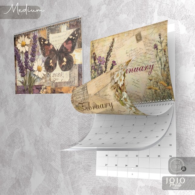 Vintage-Blumen-Schmetterlings-Kalender Kalender (Vintage Floral Butterfly Calendar_Medium)