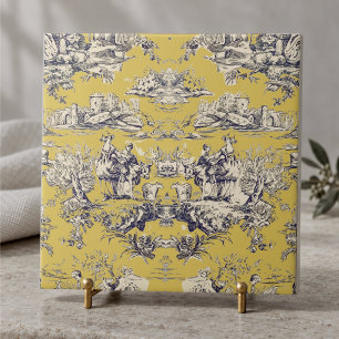 Vintage Blumen-See Gelb Toile de Jouy Monogramm Fliese