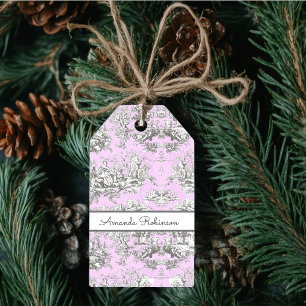 Vintage Blumen-See-Rosa-Toile-de-Jouy-Monogramm Geschenkanhänger