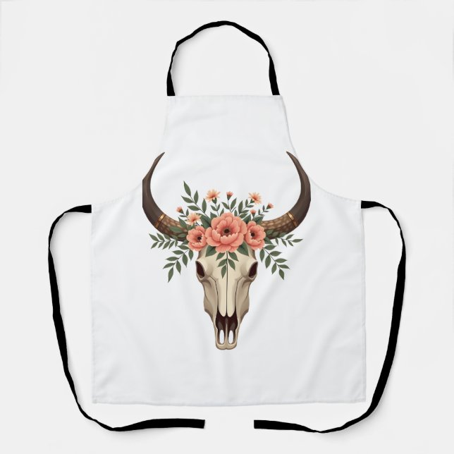 Vintage-Blumen-Stier-Schädel-Boho-Western-Botanik- Schürze (Vorderseite)