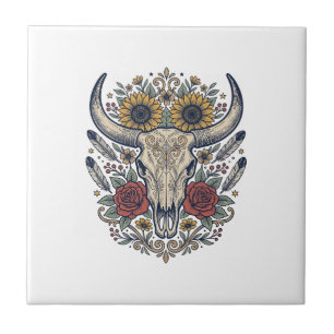 Vintage-Blumen-Stier-Schädel-Western Fliese