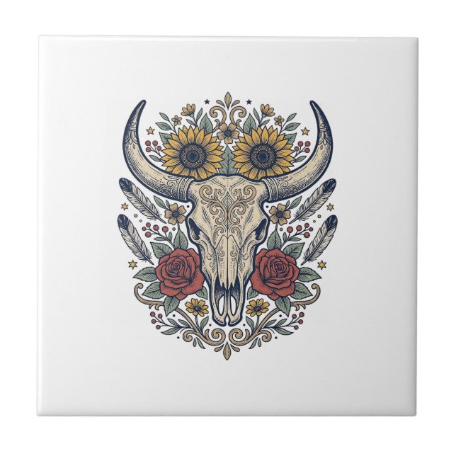 Vintage-Blumen-Stier-Schädel-Western Fliese (Vorderseite)