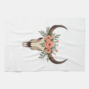 Vintage-Blumen-Stierschädel-Boho-Western-Botanik-I Geschirrtuch