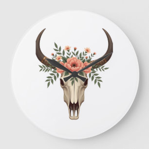 Vintage-Blumen-Stierschädel-Boho-Western-Botanik-I Große Wanduhr