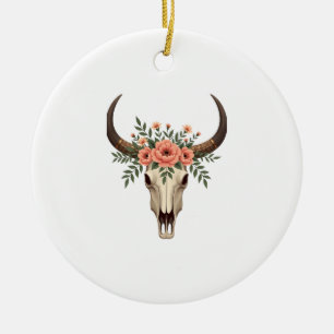 Vintage-Blumen-Stierschädel-Boho-Western-Botanik-I Keramik Ornament