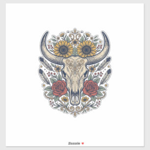 Vintage-Blumen-Stierschädel-Western Aufkleber