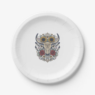 Vintage-Blumen-Stierschädel-Western Pappteller
