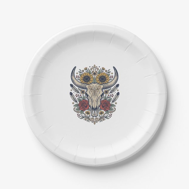 Vintage-Blumen-Stierschädel-Western Pappteller (Vorderseite)