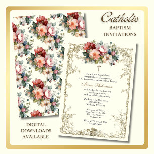 Vintage-Blumen-Taufe-Taufgeschenk Goldkreuz Einladung