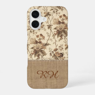 Vintage-Blumen-Toile-Jute-Monogramm-Handyhülle iPhone 16 Hülle
