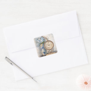 Vintage-Blumen-Uhr-Aufkleber – Cottage-Core-Stil Quadratischer Aufkleber