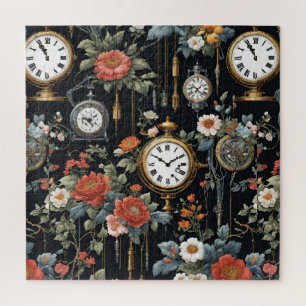 Vintage Blumen und Uhren Schwarzes Tapeten-Design Puzzle