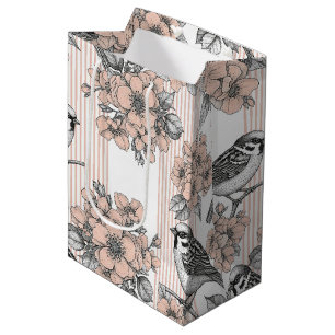 Vintage-Blumen-Vogel-Toile-Streifen (1) Mittlere Geschenktüte