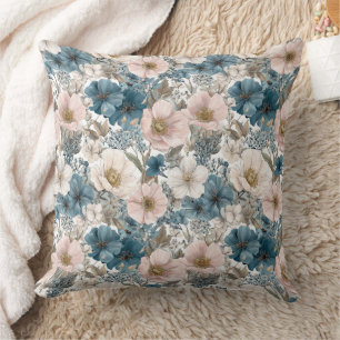 Vintage Blumen-Wasserfarbe Blau Rosa Kissen