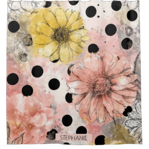 Vintage-Blumen-Wasserfarbe-Polka-Dot-Kunst (4) Duschvorhang