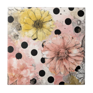 Vintage-Blumen-Wasserfarbe-Polka-Punkte-Kunst (4) Fliese