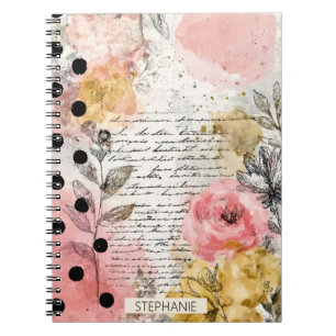 Vintage-Blumen-Wasserfarbe-Script-Polka-Dot-Kunst  Notizblock