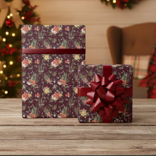 Vintage-Blumen-Weihnachtsstern-Weihnachtsmuster Ro Geschenkpapier