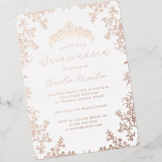 Vintage Blumen Weißrosen Gold Quinceanera Folieneinladung