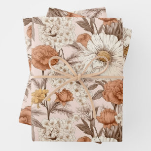Vintage Blumenantik Peach Boho Wildblume Geschenkpapier Set