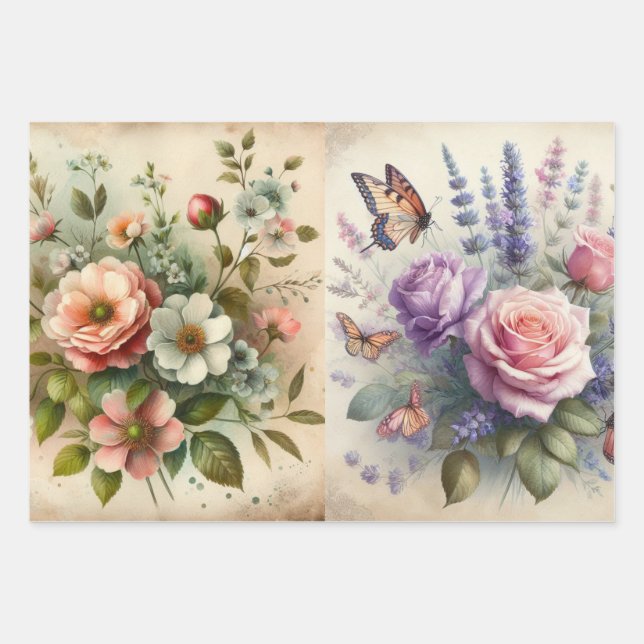 Vintage BlumenBouquet und Schmetterlinge Dekoupage Geschenkpapier Set (Vorderseite)
