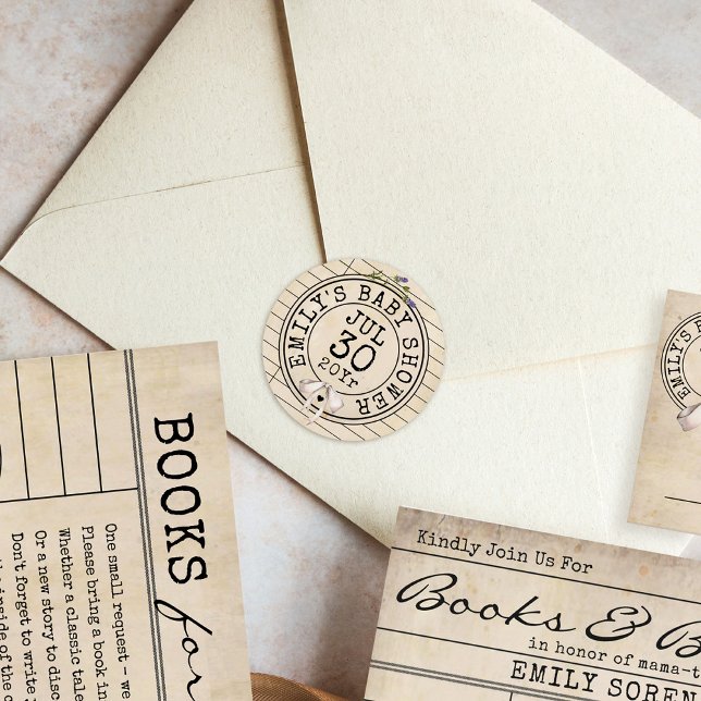 Vintage Blumenbücher Bibliothek Babydusche Runder Aufkleber (Cute vintage library card books bows teddy bears baby shower date stamp invitation envelope sticker)