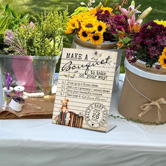 Vintage Blumenbücher Niedlich Babydusche Blume Bar Sockelschild (VIntage flower bar make a bouquet instructions library books bear baby shower pedestal stand sign)
