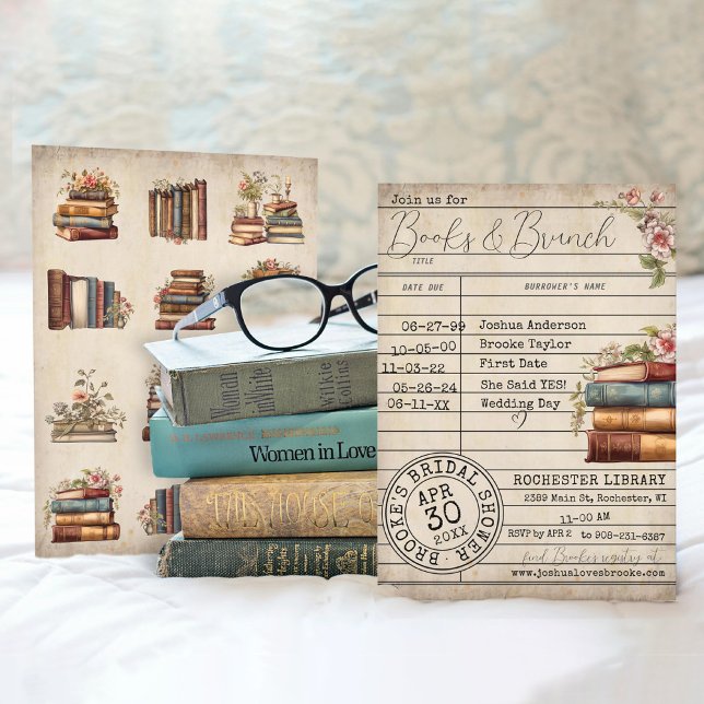 Vintage Blumenbücher und Brunch-Brautparty Einladung (Literary romance rustic vintage floral books & brunch bridal shower invitation, wedding timeline)