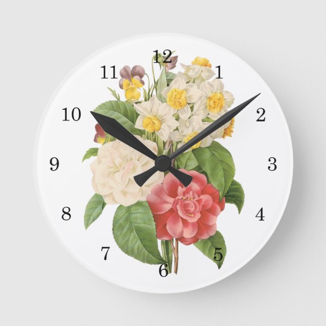 Vintage BlumenCamelia Narzissen-Blumen durch Runde Wanduhr (Vorderseite)