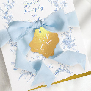 Vintage Blumendusty Blue Wedding Einladung Gold Geschenkanhänger